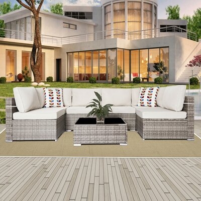 7 Piece Outdoor Patio Furniture Sets With Coffee Table, Grey Wicker With Grey Cushions - Image 0