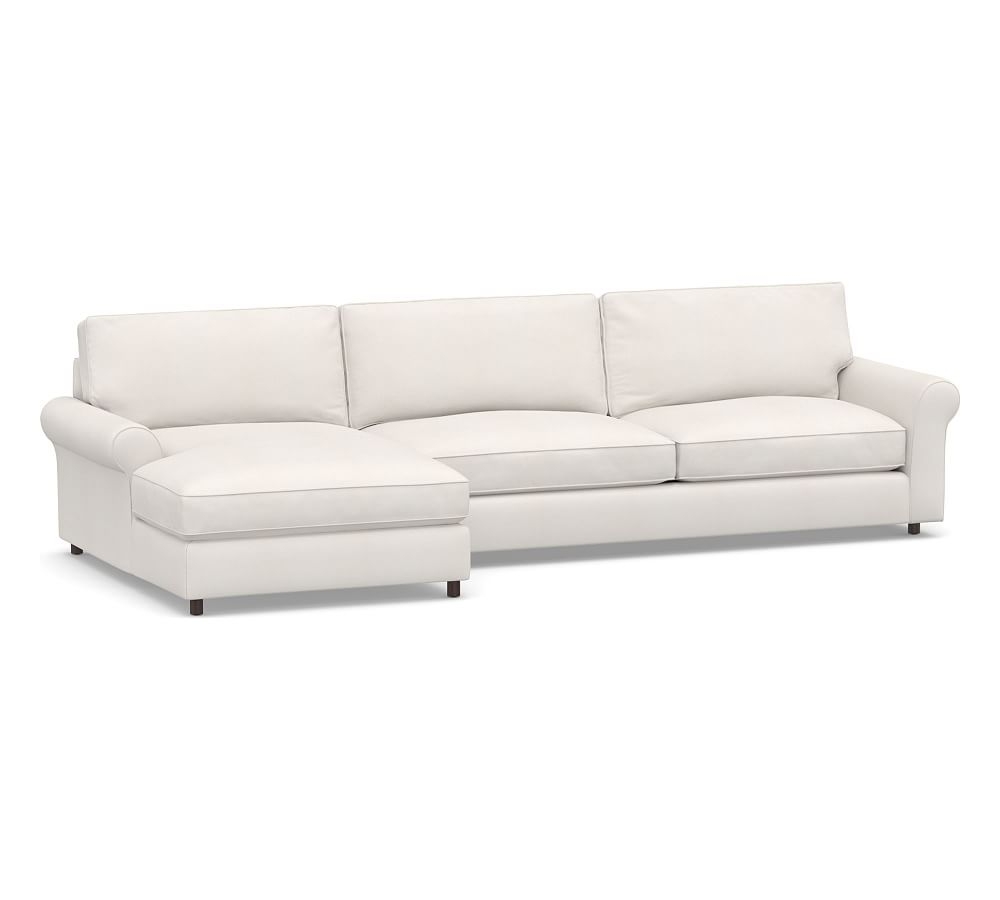PB Comfort Roll Arm Upholstered Right Arm Sofa with Wide Chaise Sectional, Box Edge Down Blend Wrapped Cushions, Denim Warm White - Image 0