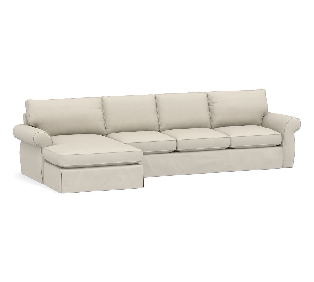 Pearce Roll Arm Slipcovered Right Arm Sofa with Double Wide Chaise Sectional, Down Blend Wrapped Cushions, Sunbrella(R) Performance Slub Tweed Pebble - Image 0