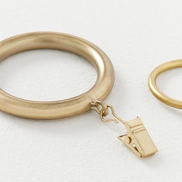 Thin Metal Curtain Rings with Clips, Antique Brass, Set of 7 - Image 1