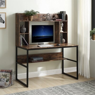 Home Office Computer Desk With Hutch, 47 Inch Rustic Office Desk And Modern Writing Desk With Storage Shelves , Vintage And Black Legs - Image 0