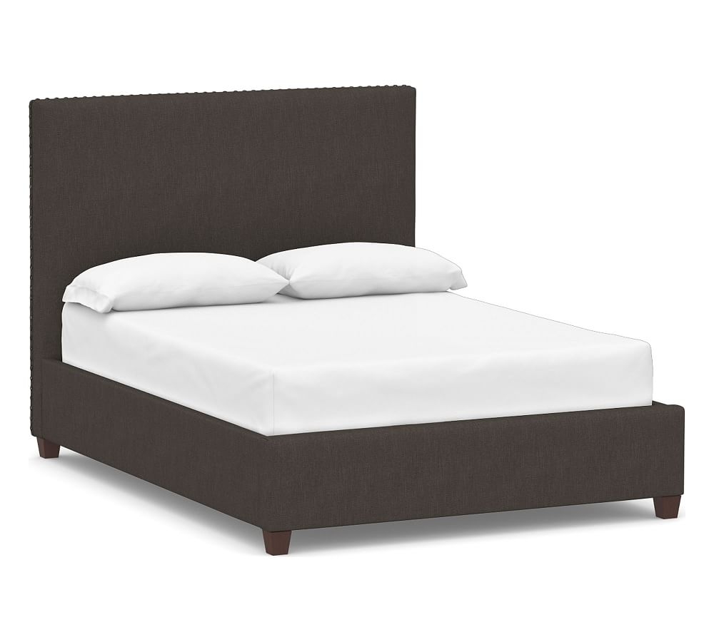 Raleigh Square Upholstered Bed with Bronze Nailheads, King, Textured Twill Charcoal - Image 0