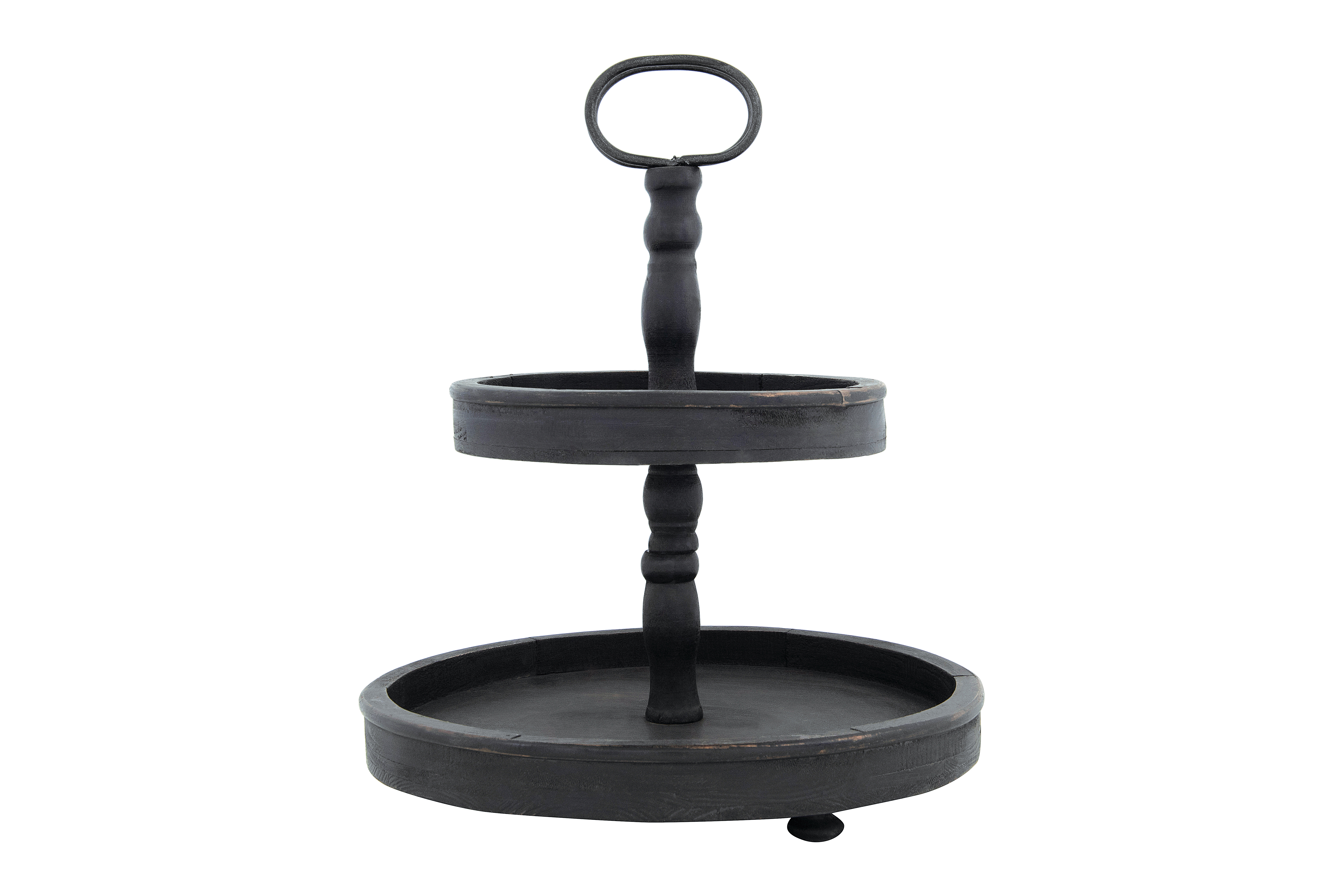 Distressed Blackwashed Wood 2-Tier Tray with Metal Handle - Image 0