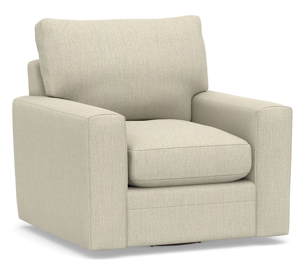 Pearce Modern Square Arm Upholstered Swivel Armchair, Down Blend Wrapped Cushions, Chenille Basketweave Oatmeal - Image 0