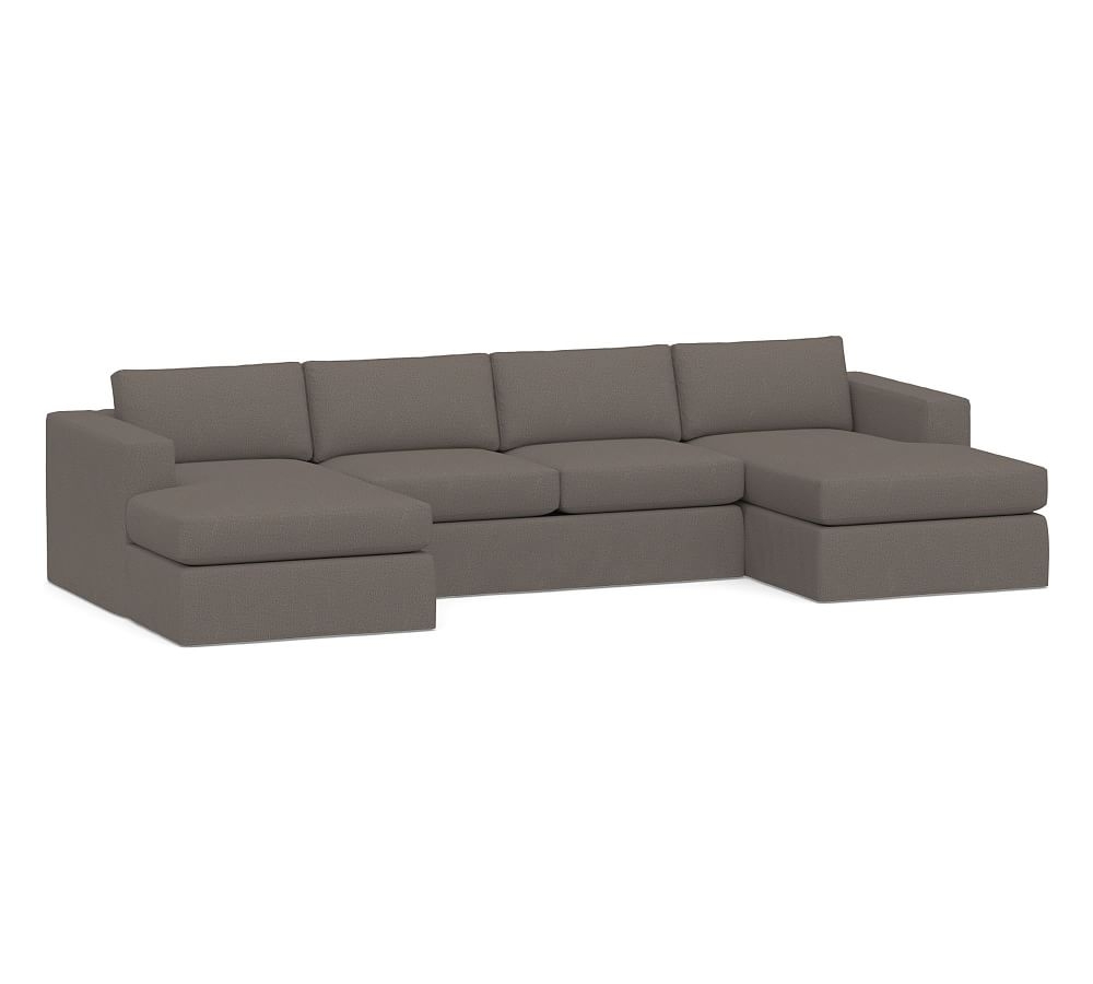 Carmel Square Arm Slipcovered U-Chaise Loveseat Sectional, Down Blend Wrapped Cushions, Performance Heathered Tweed Graphite - Image 0