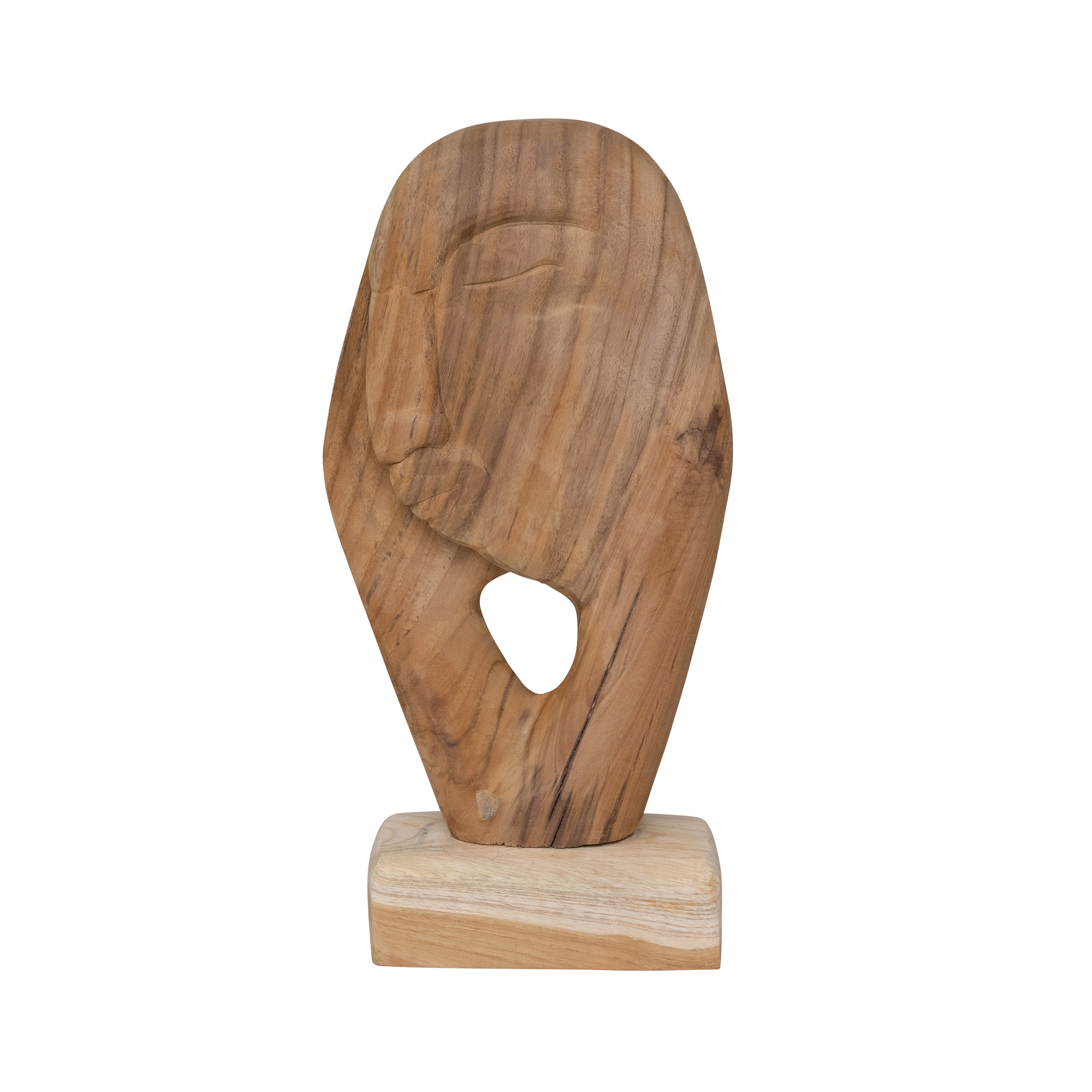  Hand Carved Teakwood Face Sculpture, Natural - Image 0