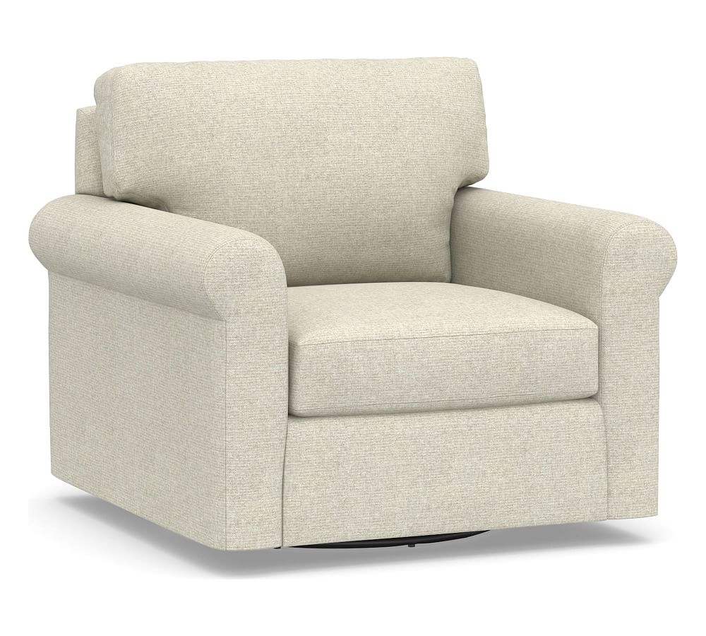 York Roll Arm Upholstered Swivel Armchair, Down Blend Wrapped Cushions, Performance Heathered Basketweave Alabaster White - Image 0