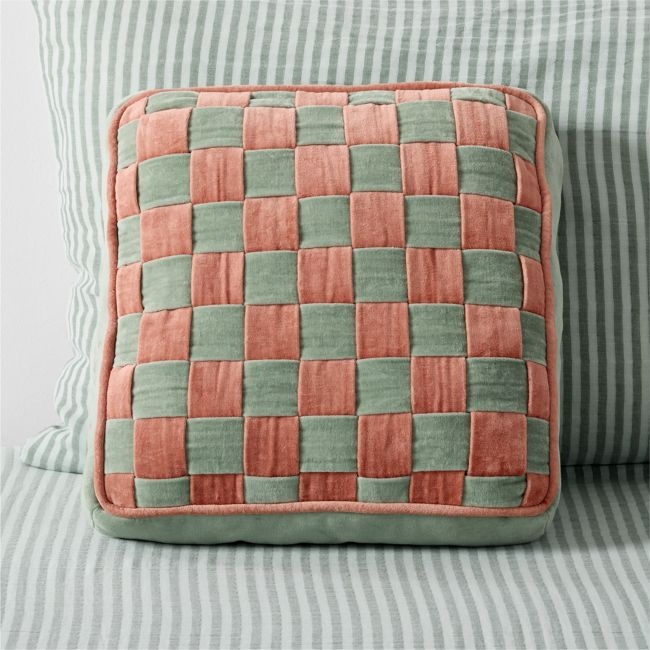 Checkerboard Verte Green and Copper Brown Velvet Kids Throw Pillow - Image 0