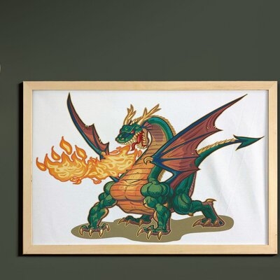 Ambesonne Dragon Wall Art With Frame, Mythical Spitting Monster Dreamy Mascot Reptilian Culture Cartoon, Printed Fabric Poster For Bathroom Living Room Dorms, 35" X 23", Hunter Green Dark Orange - Image 0