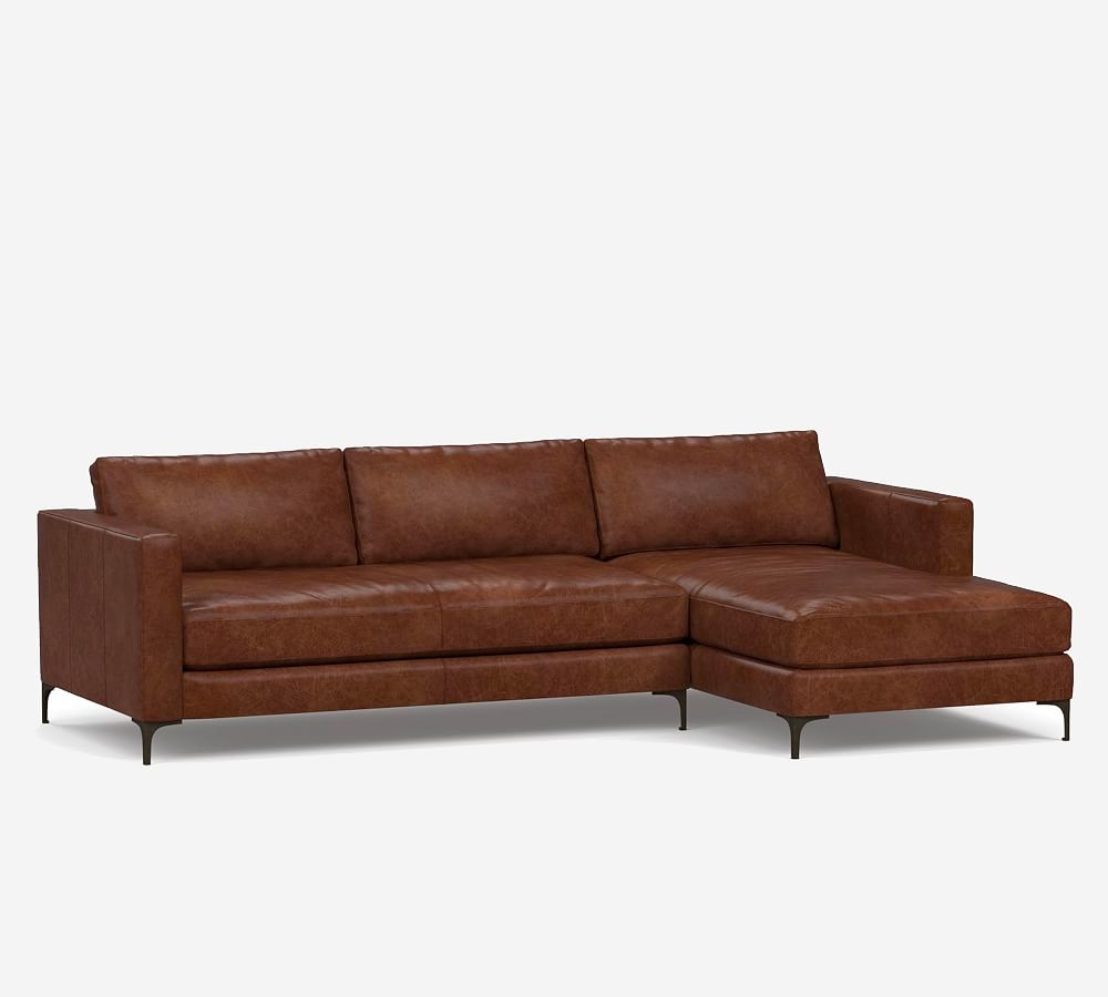 Jake Leather Right Arm Sofa with Chaise Sectional with Bronze Legs, Down Blend Wrapped Cushions, Nubuck Coffee - Image 0