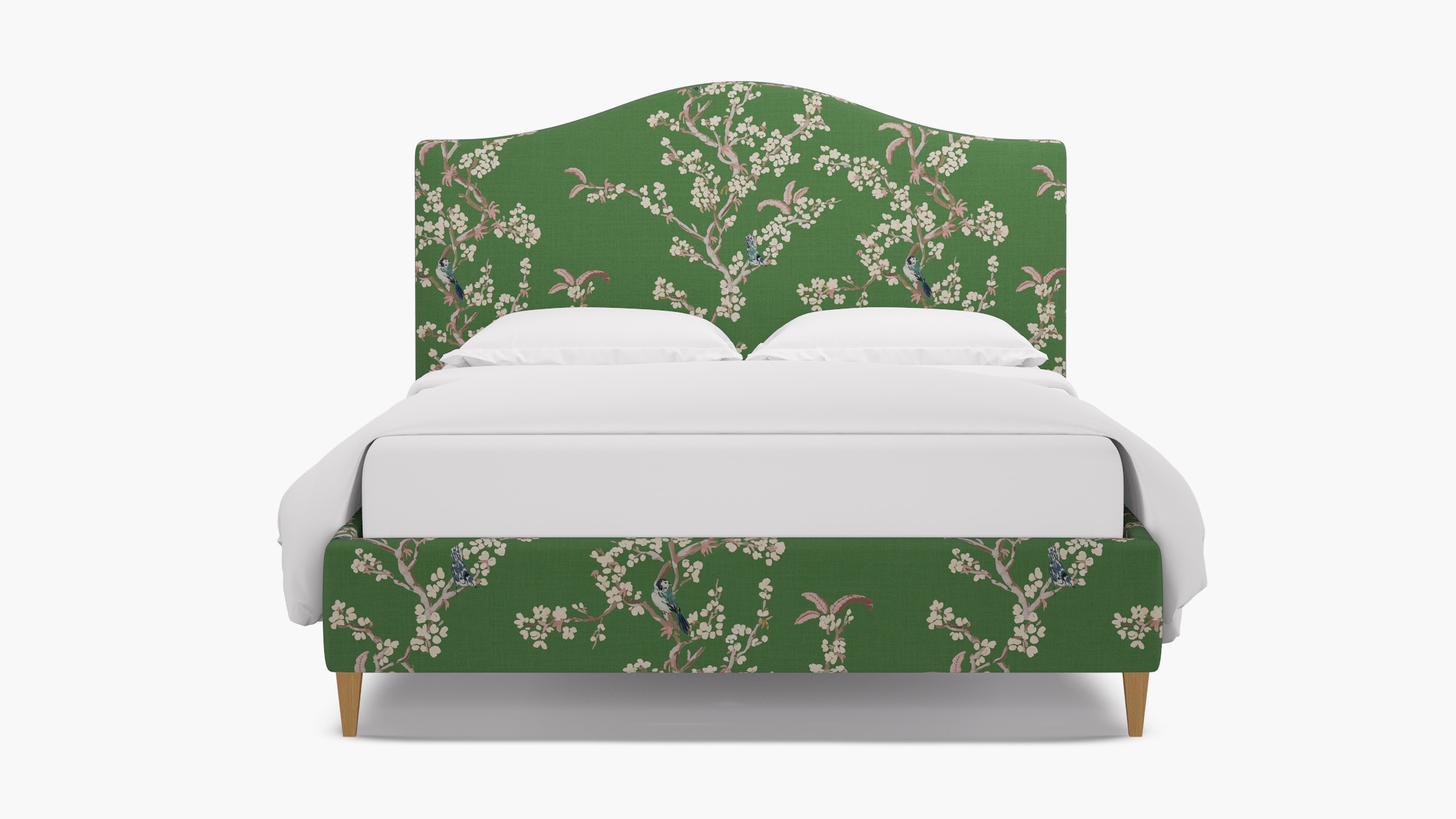 Camelback Bed, Jade Cherry Blossom, Natural Square Tapered Leg, King - Image 0