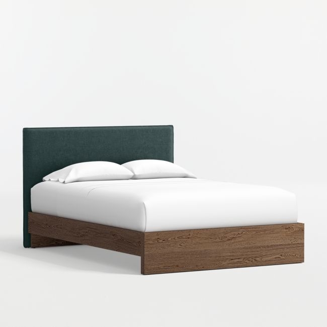 Noa Jungle Green Upholstered Flange Kids Full Headboard with Deep Brown Wood Base - Image 0