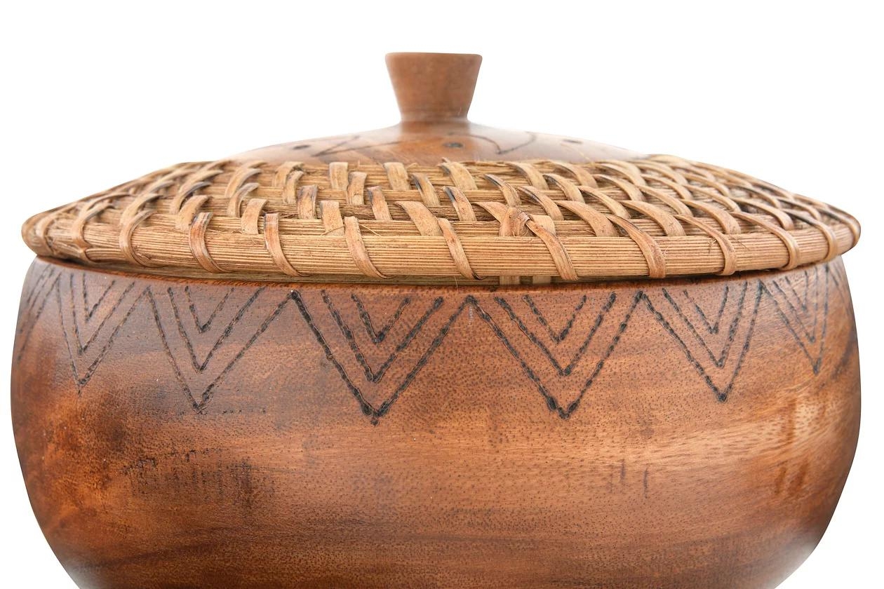 Round Woven Rattan & Acacia Wood Container with Lid & Burned Design, 9.5" - Image 5