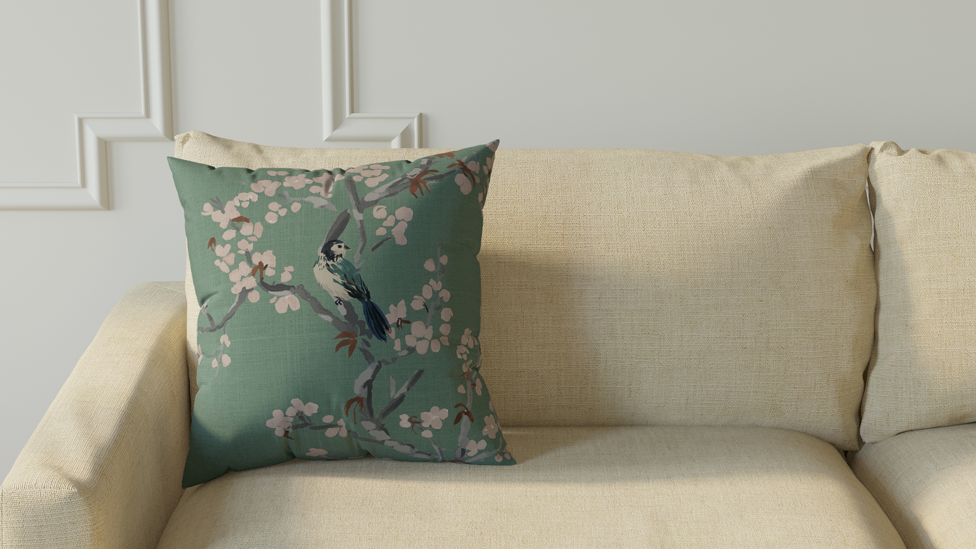 Throw Pillow 18", Mint Cherry Blossom, 18" x 18" - Image 2