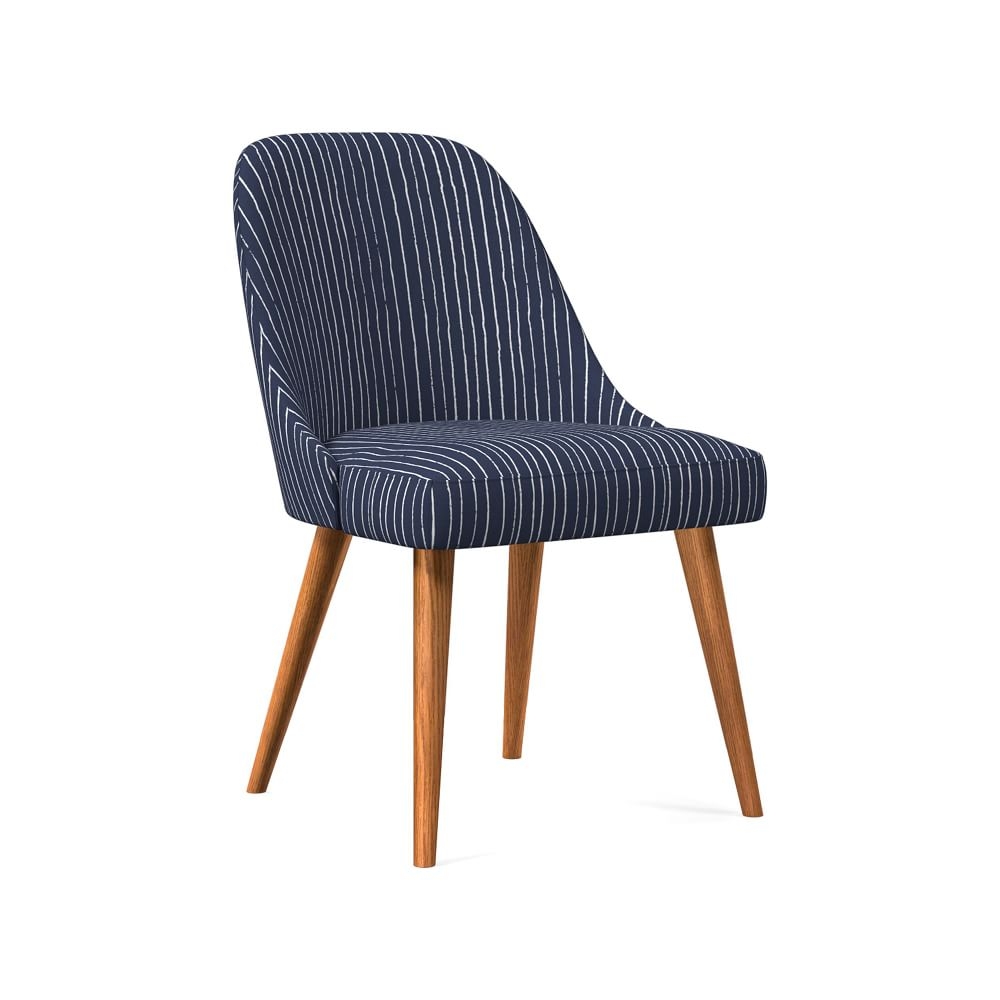Mid-Century Upholstered Dining Chair, Midnight White, Chalk Stripe, Pecan - Image 0