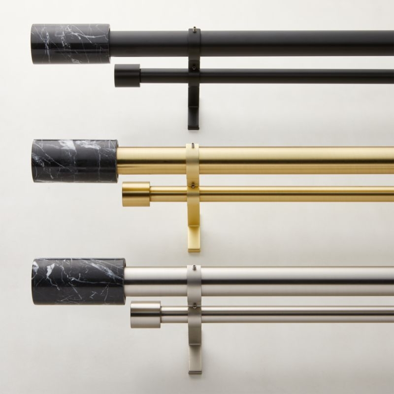 Brushed Brass with Black Marble Finial Double Rod Curtain Rod Set 88"-120" - Image 1