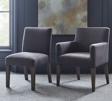 Classic Upholstered Dining Armchair, Gray Wash Frame, Performance Heathered Velvet Olive - Image 2
