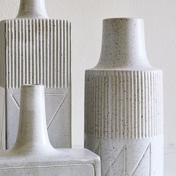 Textured Linework Vases, Round Short, White &amp; Natural-Individual - Image 3