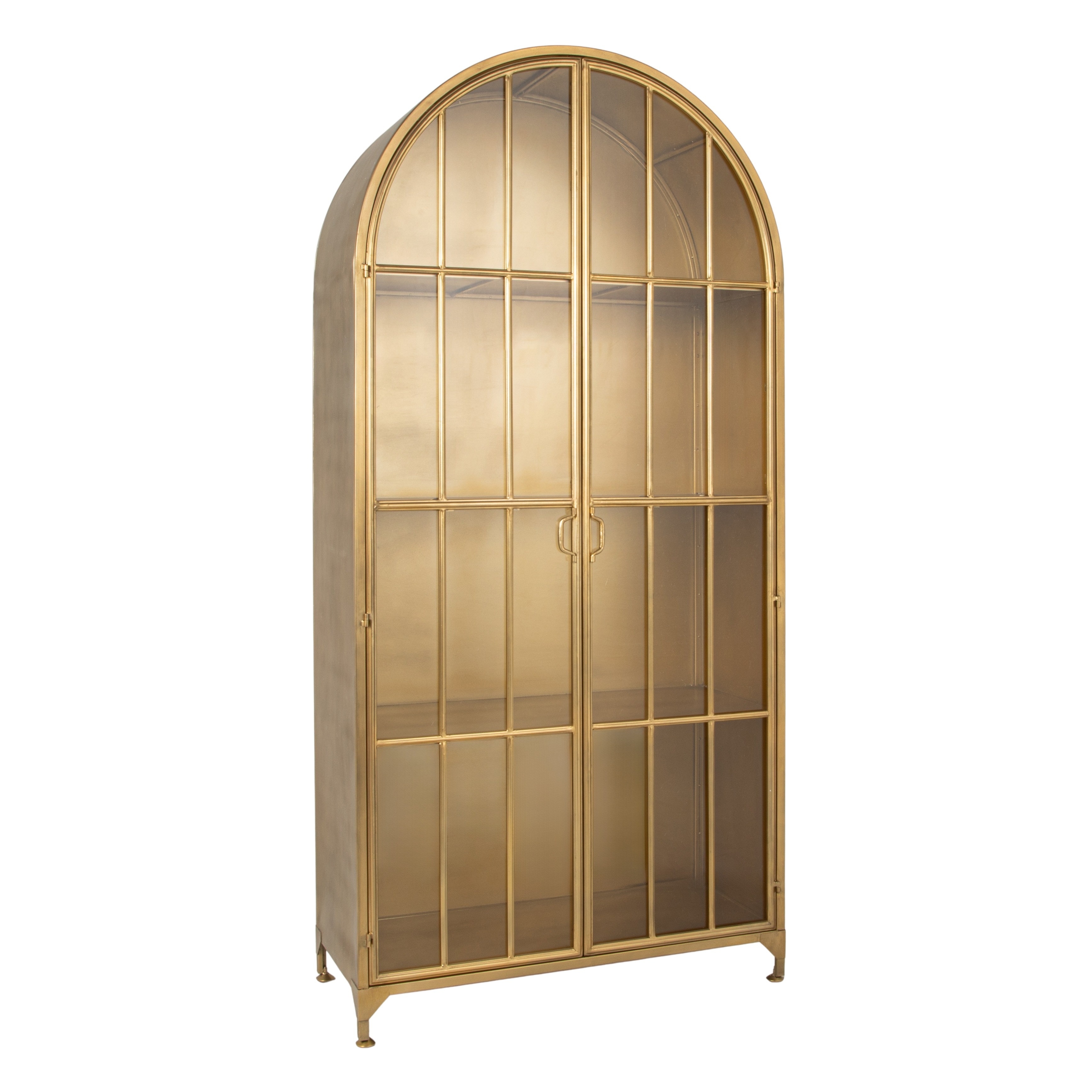 Metal and Glass Cabinet with Arched Doors and 3 Shelves, Gold - Image 0