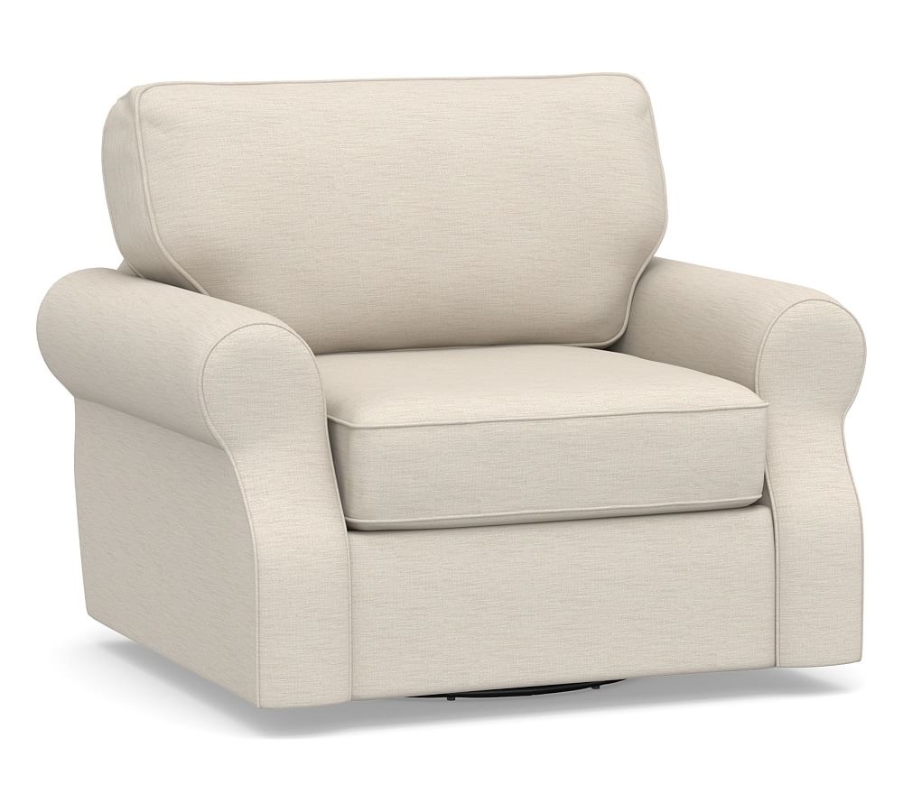 SoMa Fremont Roll Arm Upholstered Swivel Armchair, Polyester Wrapped Cushions, Performance Slub Cotton Stone - Image 0
