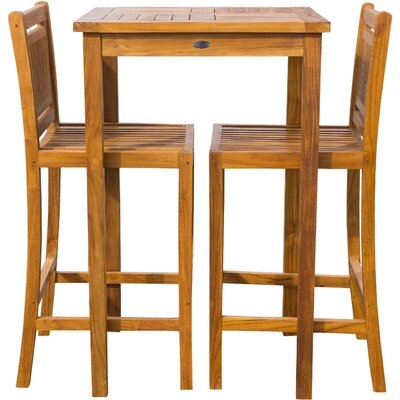 3 Piece Teak Wood Maldives Small Patio Bistro Bar Set With 27" Square Bar Table & 2 Armless Bar Chairs - Image 0