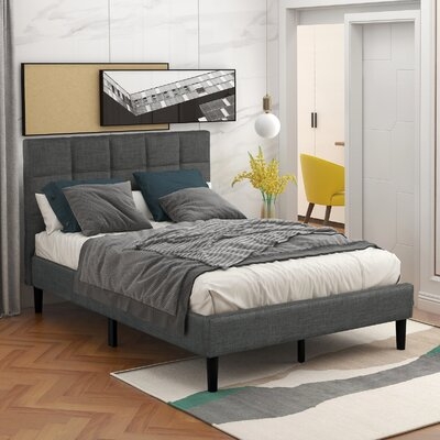 1 Set Rhombus Stitched Platform Bed Grey Modern Wood Bed Frame For Bedroom - Image 0