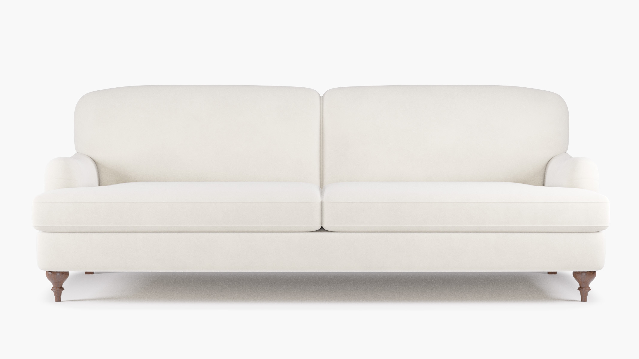 English Roll Arm Sofa, White Performance Velvet, Walnut Turned Wood Leg - Image 0