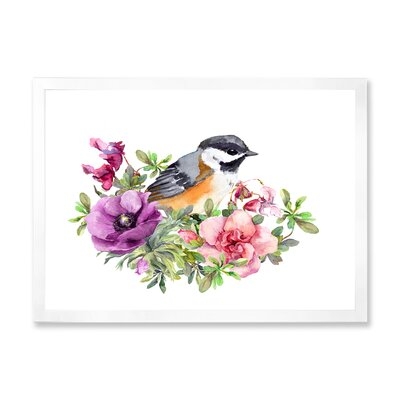 Cute Bird In Pink And Purple Flowers - Traditional Canvas Wall Art Print-37114 - Image 0