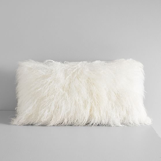 Mongolian Lamb Pillow Cover with Down Alternative Insert, Stone White, 12"x21" - Image 0