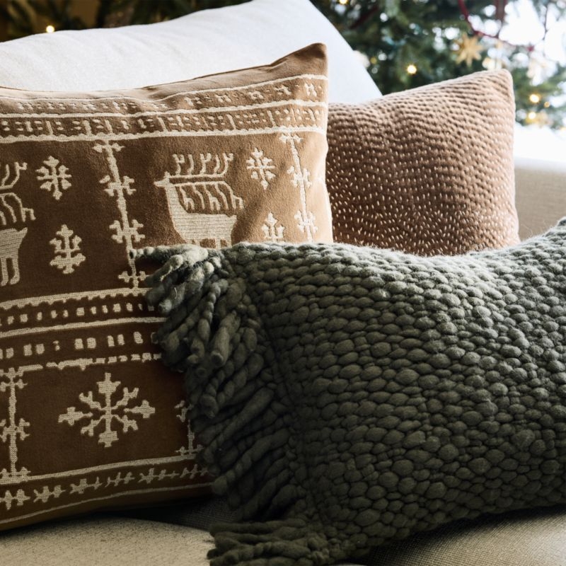 Fair Isle Embroidered Velvet 23"x23" Camel Tan Throw Pillow Cover - Image 4