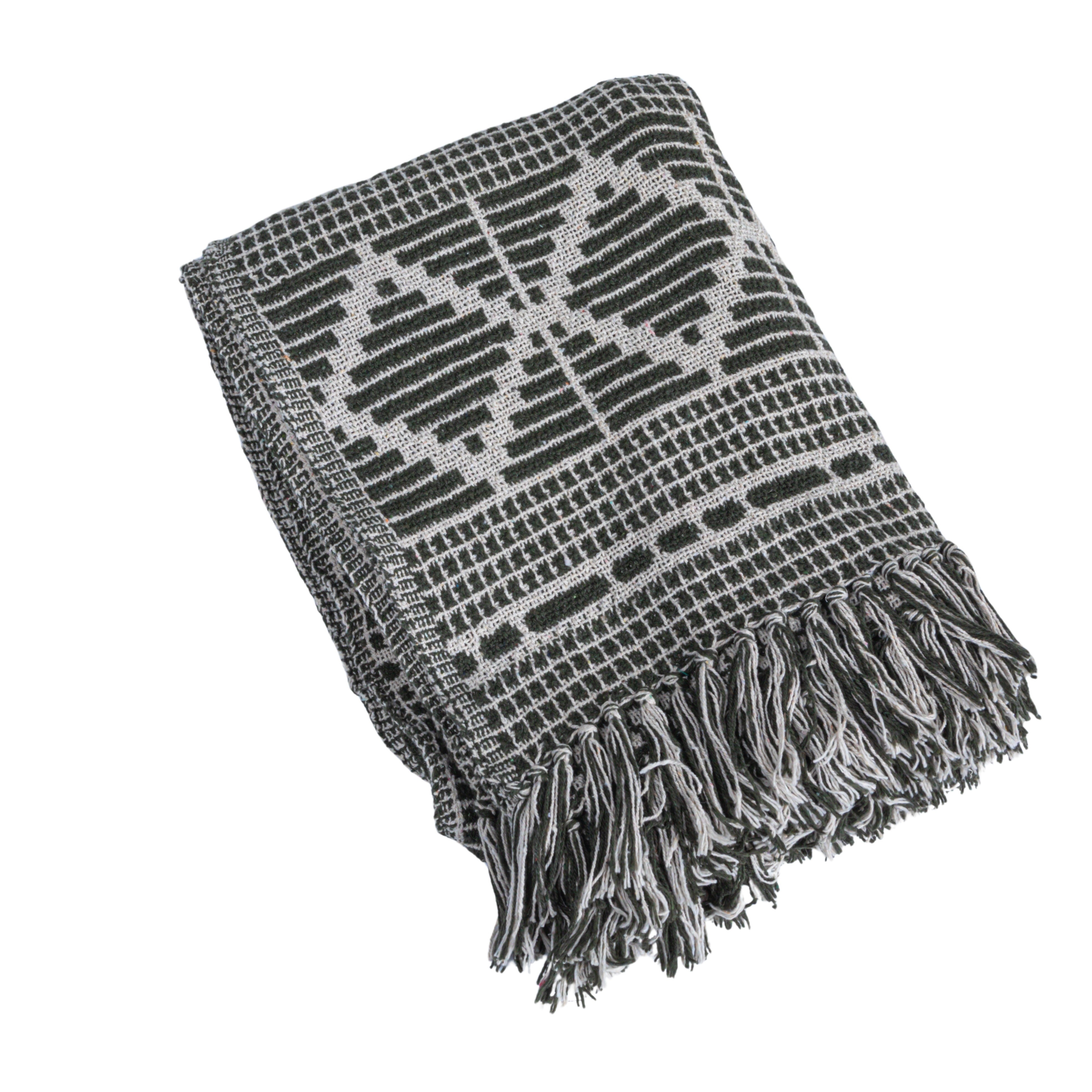 Soft Recycled Cotton Blend Throw with Diamond Pattern, Green and Beige - Image 0