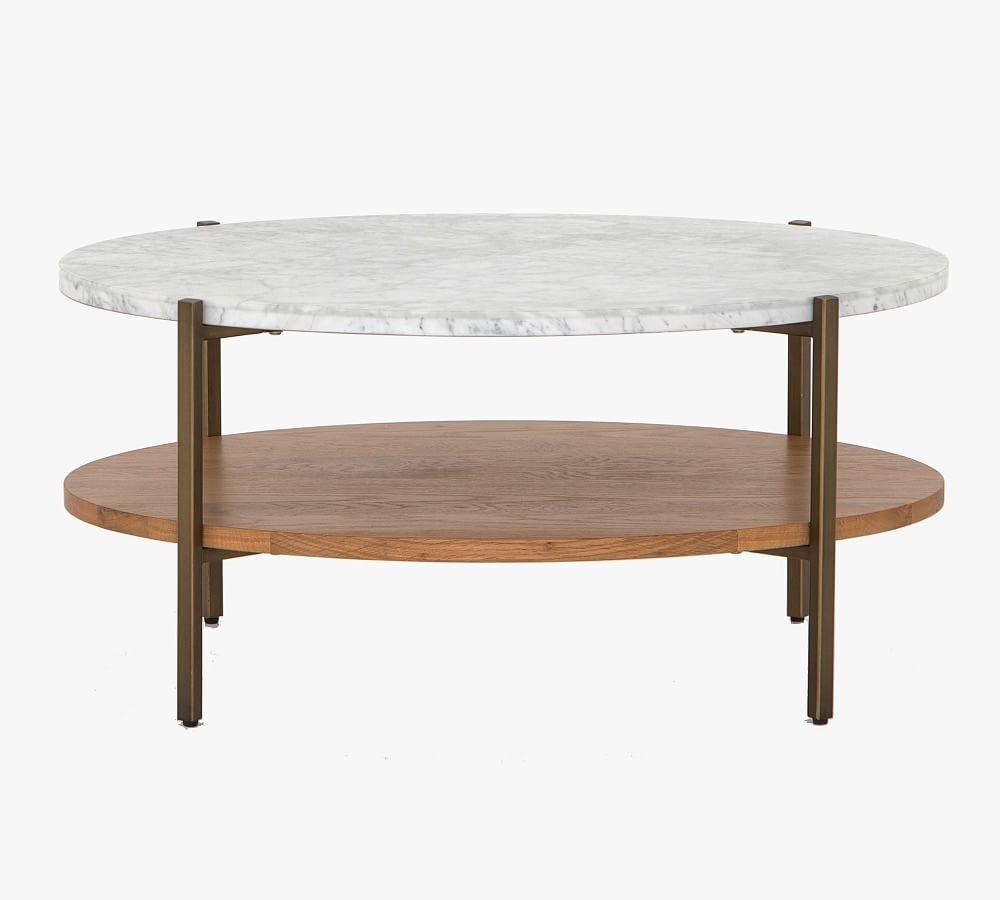 Modern Marble Oval Coffee Table, Natural Oak & Golden Brass - Image 0