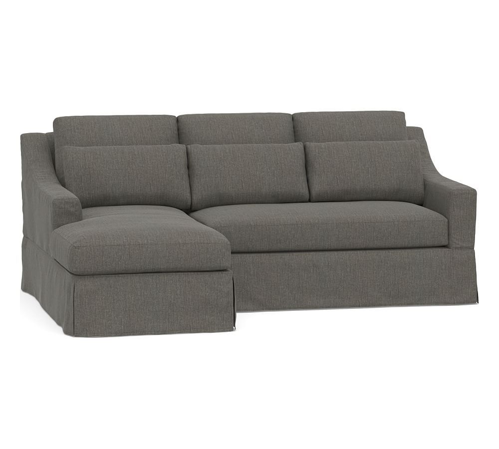 York Slope Arm Slipcovered Deep Seat Right Arm Loveseat with Chaise Sectional, Bench Cushion, Down Blend Wrapped Cushions, Chenille Basketweave Charcoal - Image 0