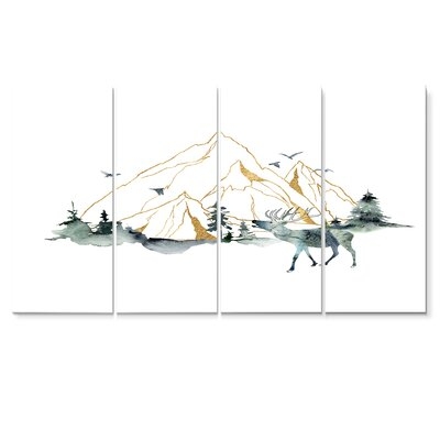 Minimalistic Landscape of Forest Mountains and Deer - 4 Piece Wrapped Canvas Painting Print Set - Image 0