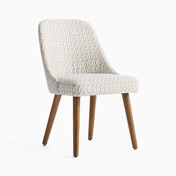 Midcentury Upholstered Dining Chair, Wood Leg, Pink Grapefruit, Block Geo, Pecan - Image 1