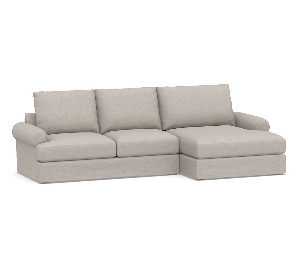 Canyon Roll Arm Slipcovered Left Arm Loveseat with Double Chaise Sectional, Down Blend Wrapped Cushions, Chunky Basketweave Stone - Image 0