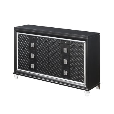 8 Drawer Wooden Dresser With Mirror Accents And Diamond Pattern, Black - Image 0