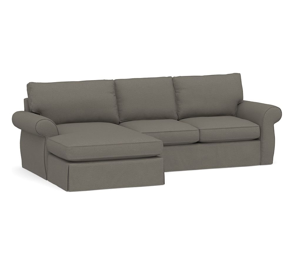Pearce Roll Arm Slipcovered Right Arm Loveseat with Double Chaise Sectional, Down Blend Wrapped Cushions, Chunky Basketweave Metal - Image 0