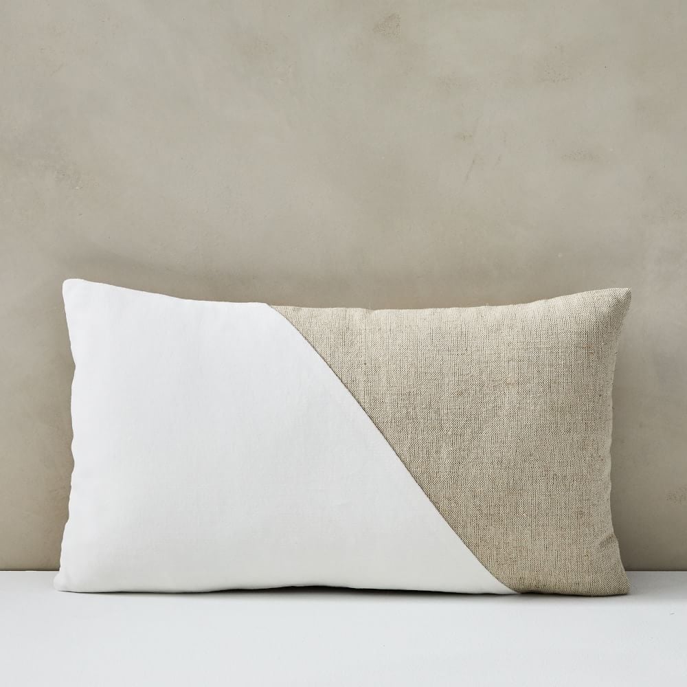 Cotton Linen + Velvet Corners Pillow Cover, 12"x21", White, Set of 2 - Image 0
