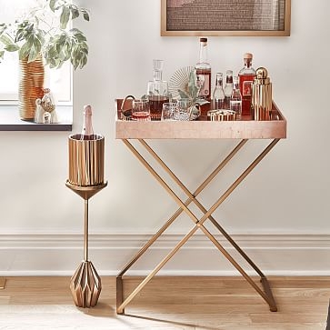 Butler Bar Cart Set, Antique Brass Stand + Rose Gold Lacquer Wood Tray - Image 0