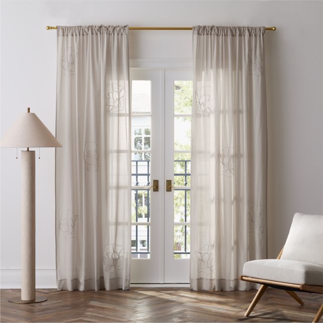 Floral Eyelet Natural Taupe Organic Cotton Sheer Window Curtain Panel 52"x84" - Image 0