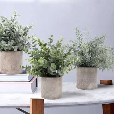 Artificial Eucalyptus Green Plants Set Indoor Artificial Faux Greenery In Gray Pots (Set Of 3) - Image 0
