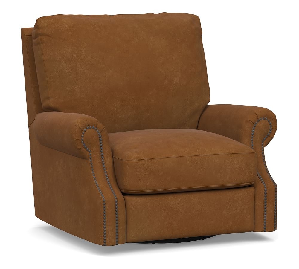 James Roll Arm Leather Swivel Armchair, Down Blend Wrapped Cushions, Nubuck Caramel - Image 0