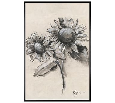 Charcoal Sunflower Sketch, Sunflower with Stem, 28" x 42" Wood Gallery, Black, No Mat - Image 0