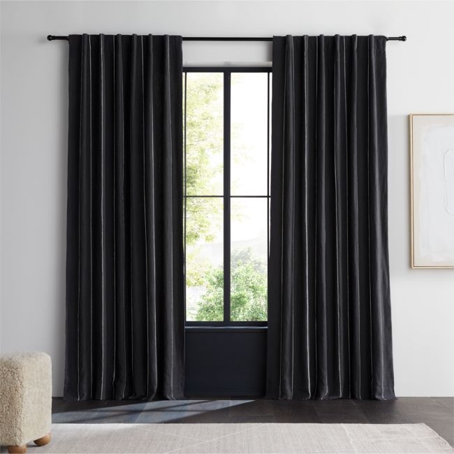 Storm Grey & Crisp White Linen Double Pinstripe Blackout Window Curtain Panel 52"x96" - Image 0