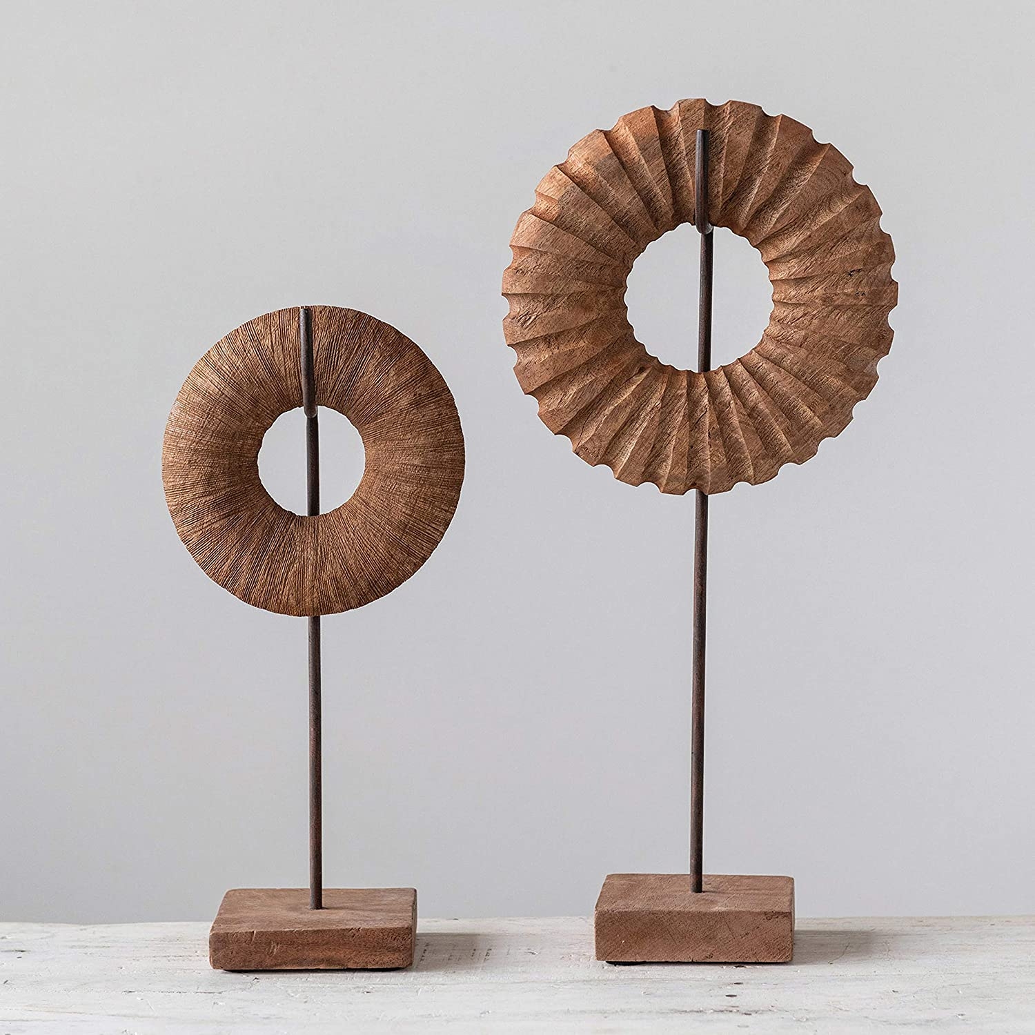 Hand-Carved Mango Wood Circle Object on Metal & Wood Stand, Set of 2 - Image 0