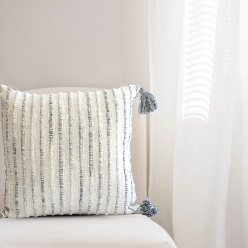 Mini Stripes With Tassels Pillow Cover, Cream 20" x 20" - Image 1