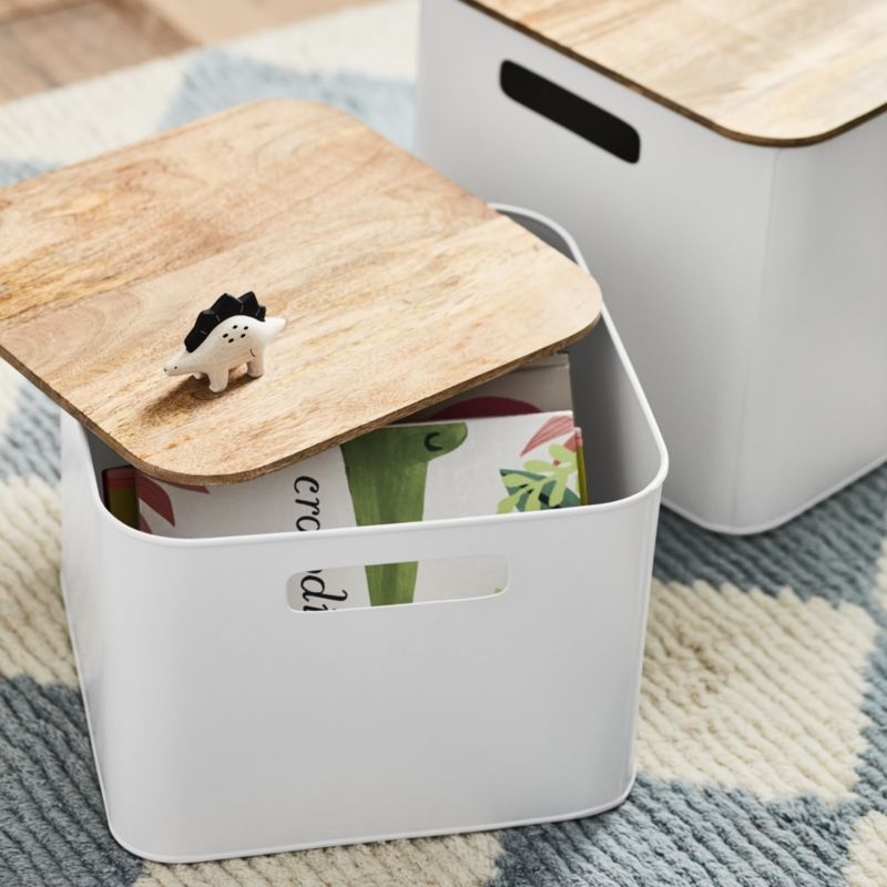 Outline White Medium Metal Storage Bin with Wood Lid - Image 2