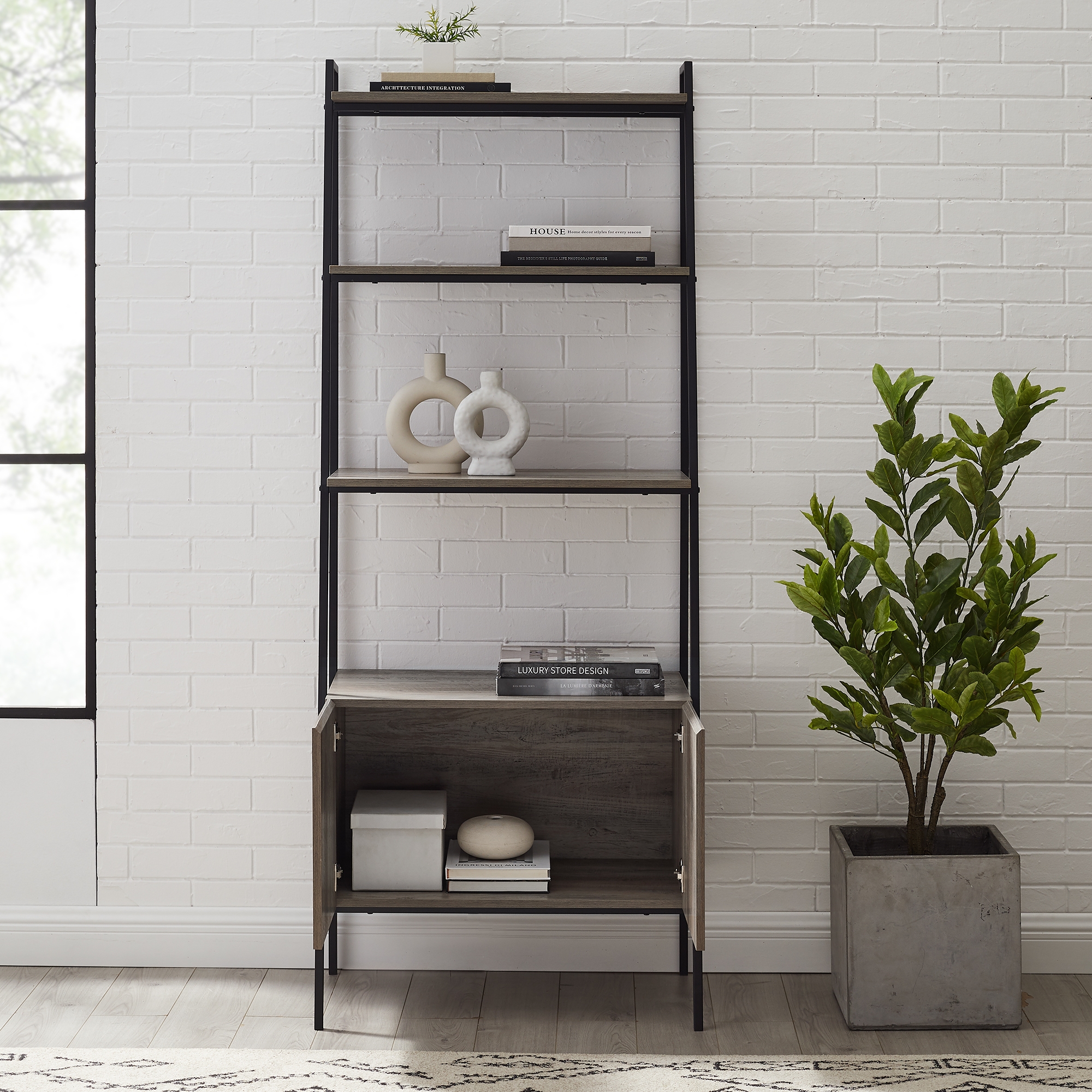 Arlo 72" Industrial Modern Ladder Shelf with Cabinet - Grey Wash - Image 6