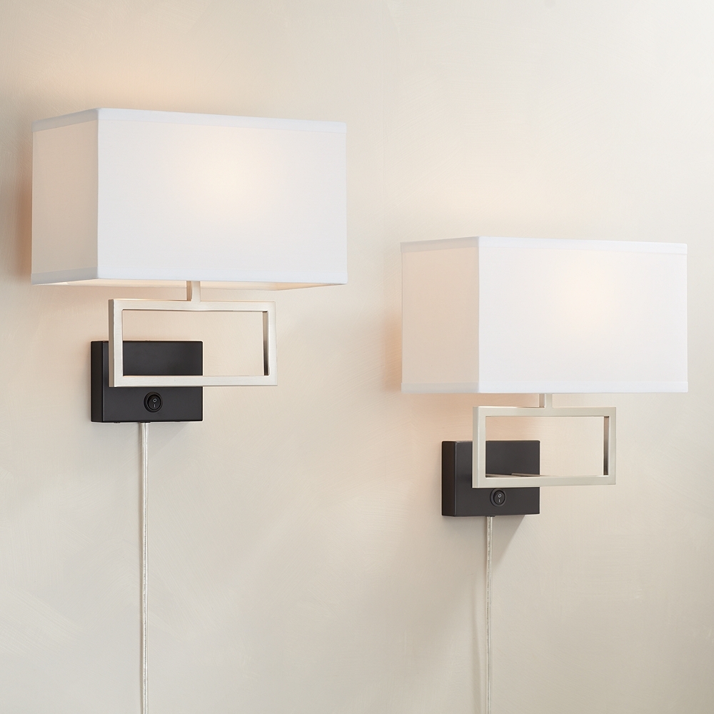 Possini Euro Trixie Brushed Nickel Rectangle Plug-In Wall Lamps Set of 2 - Image 0